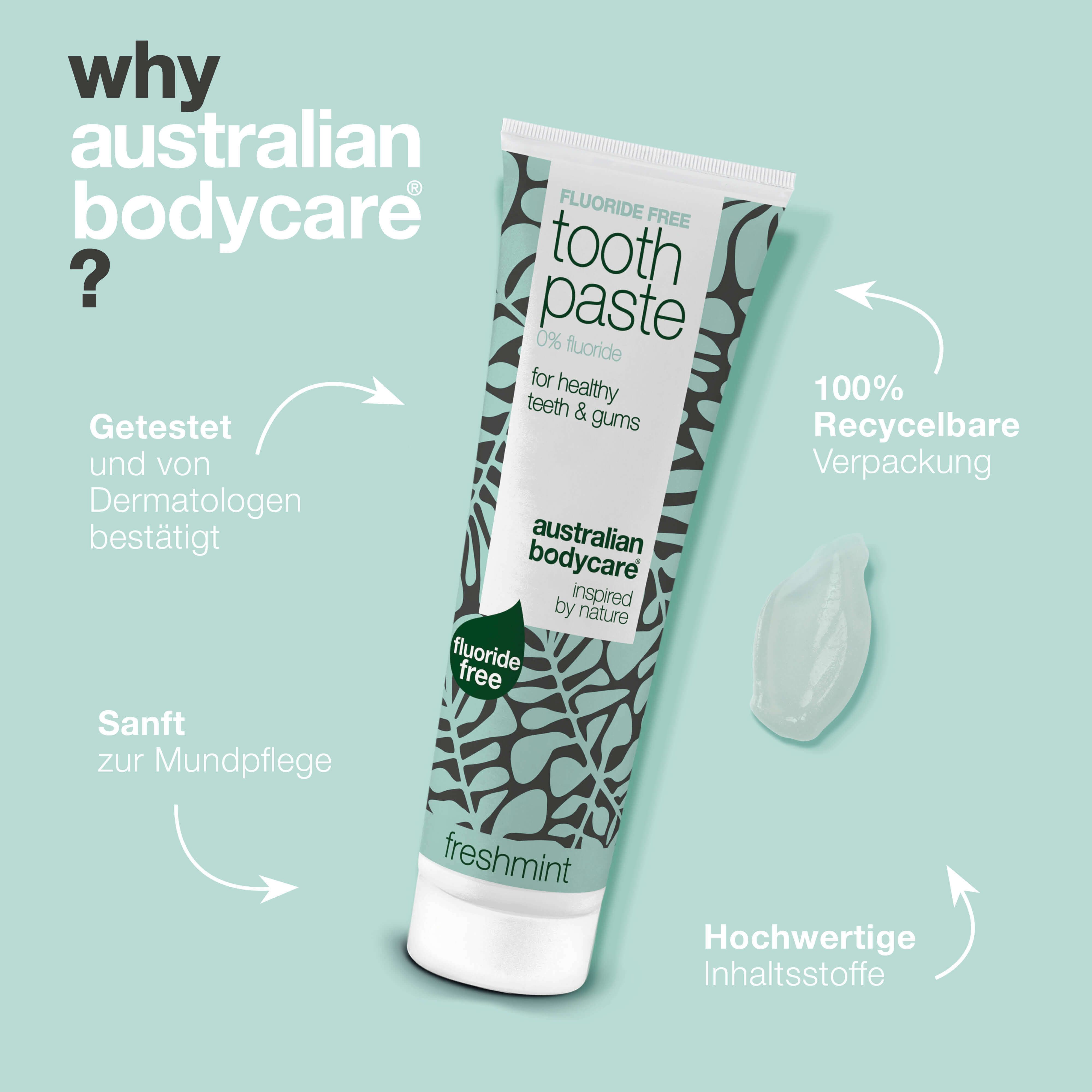 Zahnpasta-Tube. Aufschrift: Fluoride Free, Toothpaste, 0% fluoride, für gesunde Zähne & Zahnfleisch. Text: Erfahrungsbericht und Sterne.