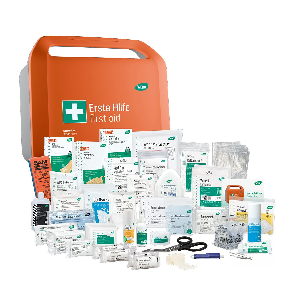Erste-Hilfe-Koffer mit Inhalt: Verbandsmaterial, Schere, Pflaster, etc. Marke WERO.