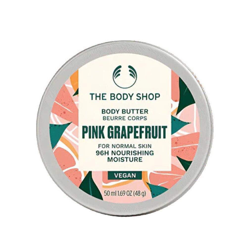 Runde Dose mit Deckel. Aufschrift: THE BODY SHOP, Pink Grapefruit, Body Butter, 96H Feuchtigkeit. Vegan. 50 ml.