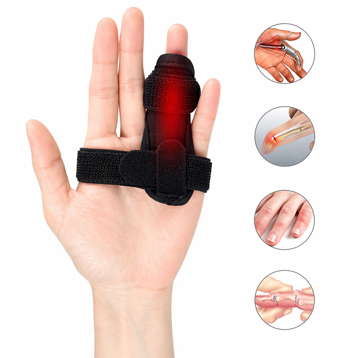 Fingerbandage am Finger einer Hand. Rote Markierung. Drei kleine Bilder zeigen medizinische Illustrationen.