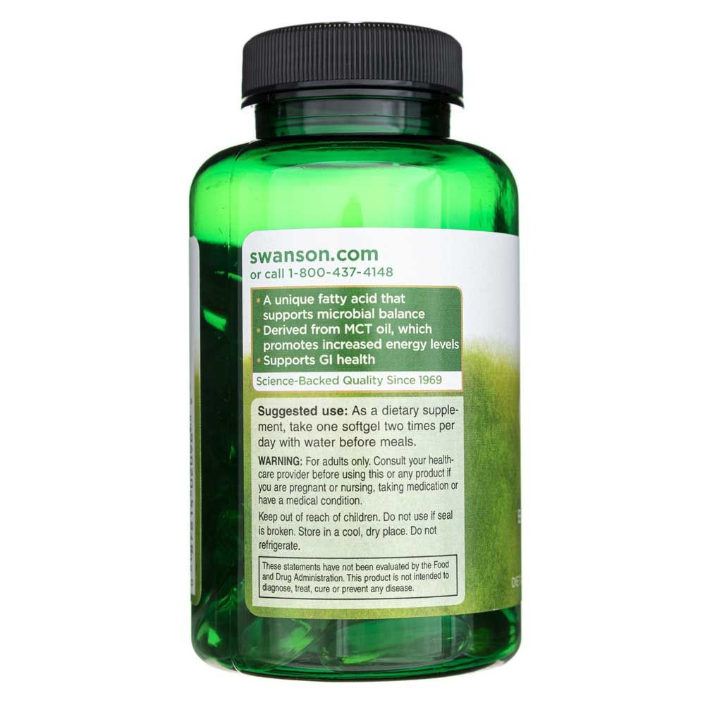 Rückseite einer grünen Flasche mit Caprylic Acid Softgels, Anwendungshinweise und Warnungen.
