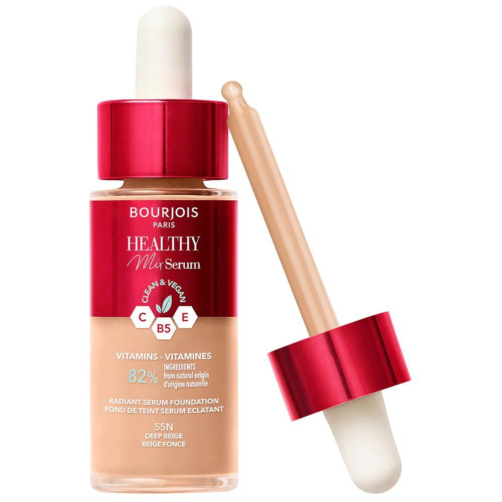 Foundation-Fläschchen mit Pipette. Marke Bourjois, Healthy Mix Serum. Farbton 55N Deep Beige. Mit Inhaltsangaben.