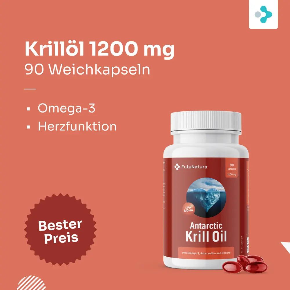 Flasche mit Kapseln. Aufschrift: Antarctic Krill Oil, 90 Weichkapseln, 1200 mg. Roter Hintergrund. Text: Omega-3, Herzfunktion.