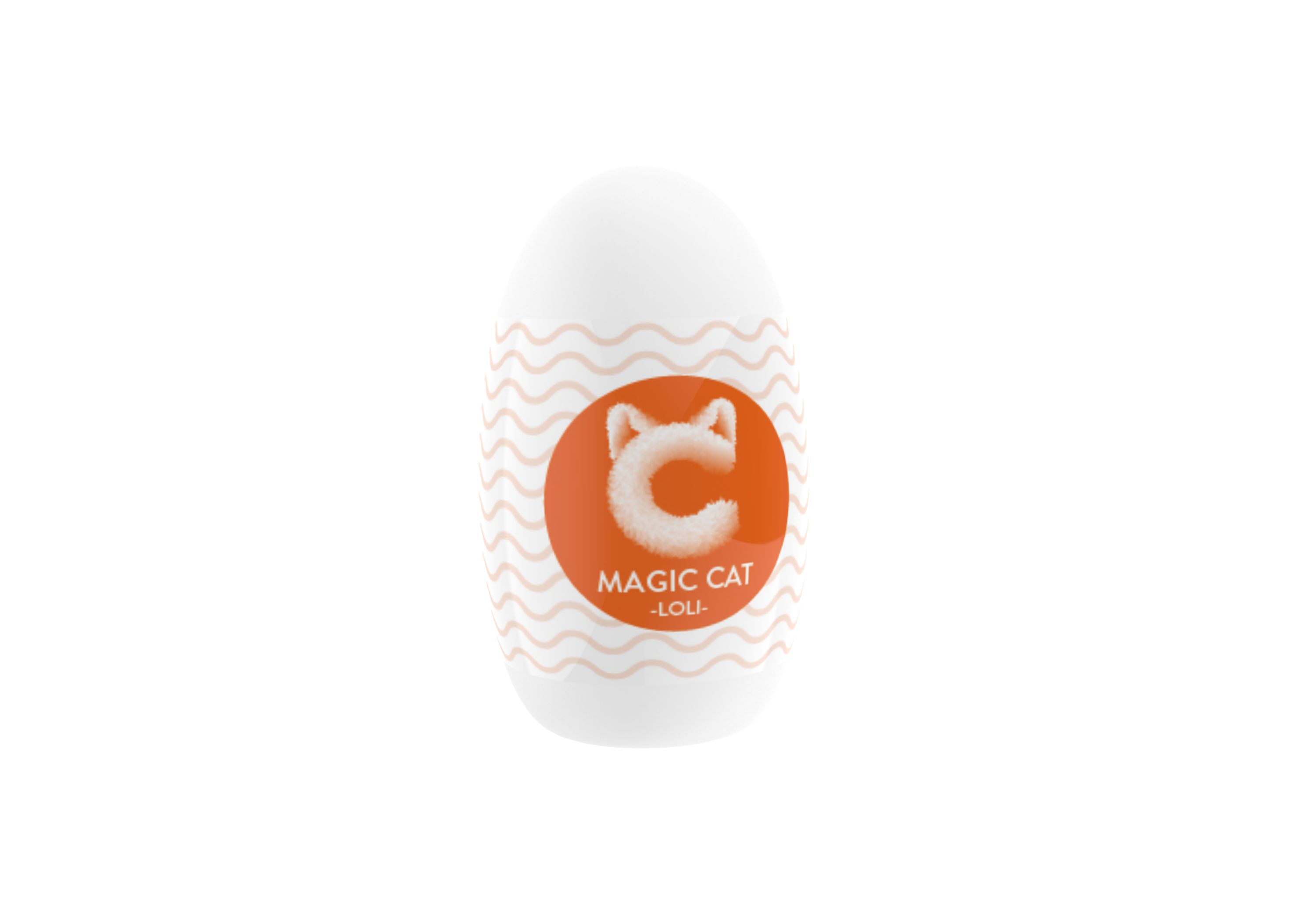 Weißes, ovales Produkt mit orangefarbenem Kreis. Auf dem Kreis ist ein Katzenkopf-Logo und der Text "MAGIC CAT LOU" zu sehen.