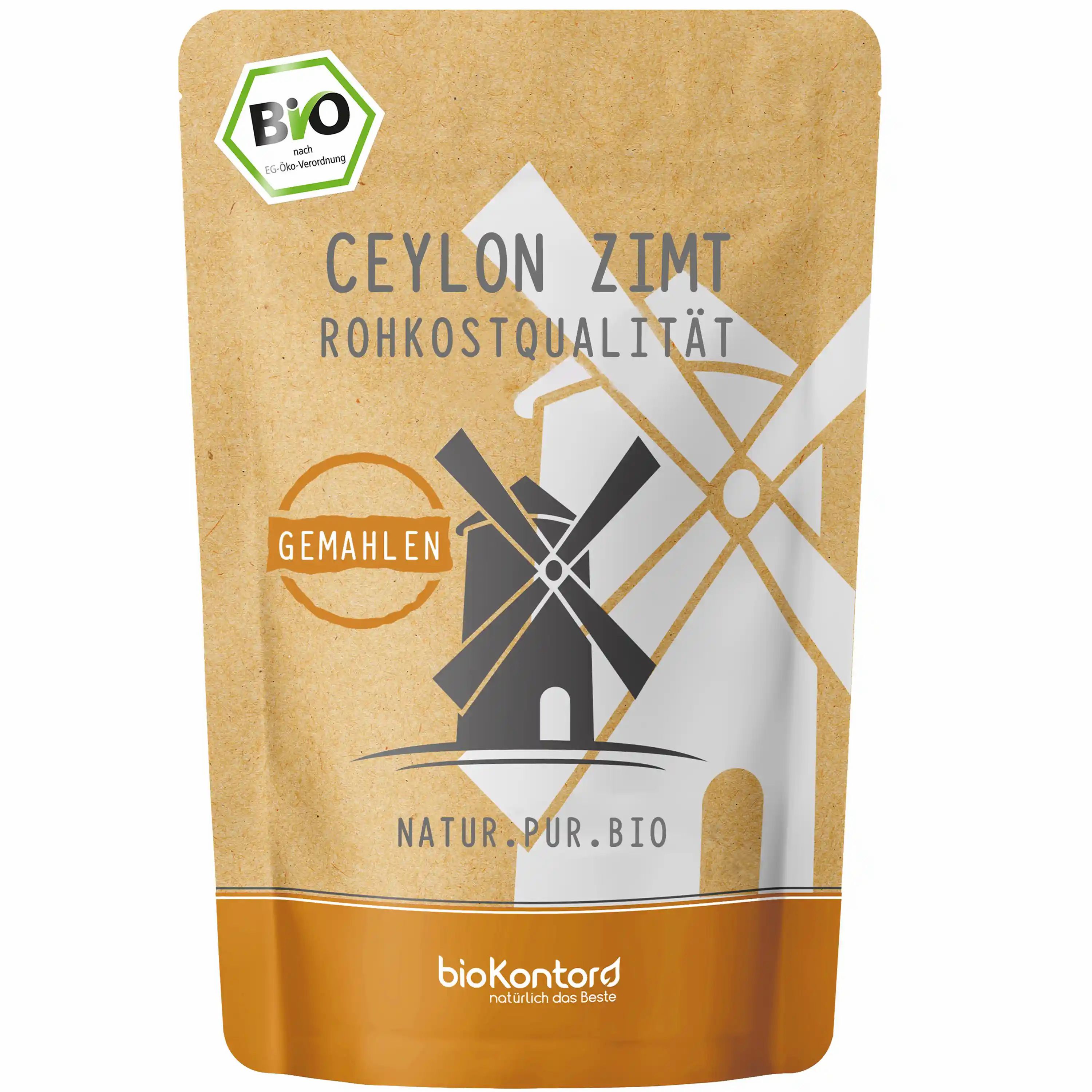 Gemahlener Bio Ceylon Zimt in Papiertüte mit Windmühlen-Logo und Bio-Siegel.