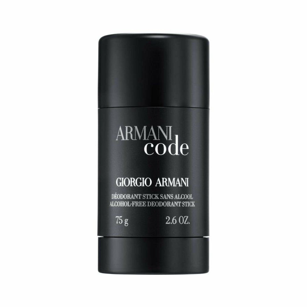 Schwarzer Deostick. Aufschrift: ARMANI code, GIORGIO ARMANI, Deodorant Stick sans alcool, 75 g, 2.6 oz.
