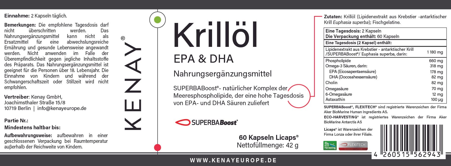 Etikett mit Produktinformationen. Aufschrift: Krillöl EPA & DHA, KENAY, 60 Kapseln Licaps. SUPERBABoost-Komplex. Inhaltsstoffe.