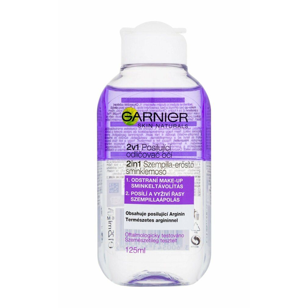 Garnier 2in1 Express Augen-Make-up Entferner Flasche. Violett-weiße Flüssigkeit, weißer Deckel. Text: Garnier, 2in1, Augen-Make-up Entferner.