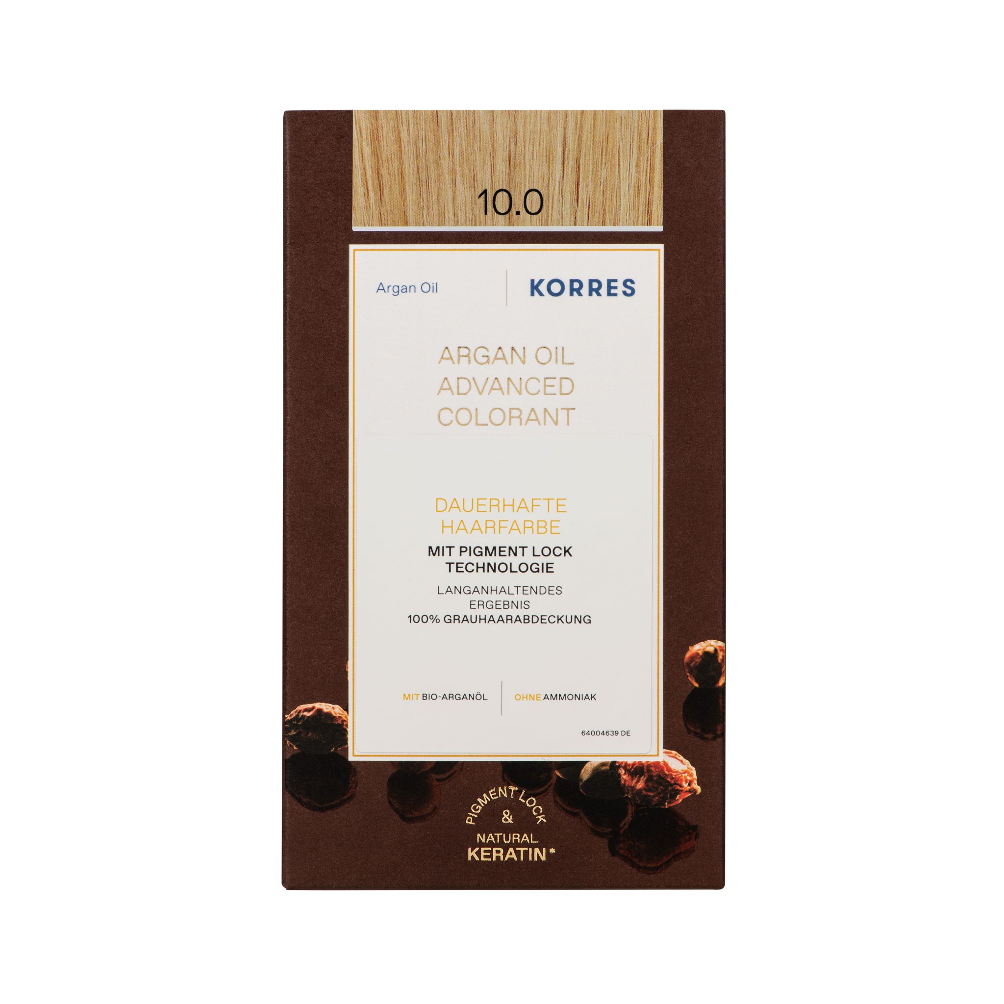 KORRES Arganöl Haarcoloration. Verpackung mit Produktabbildung und Text. Platinblond 10.0. Mit Bio-Arganöl und Keratin.