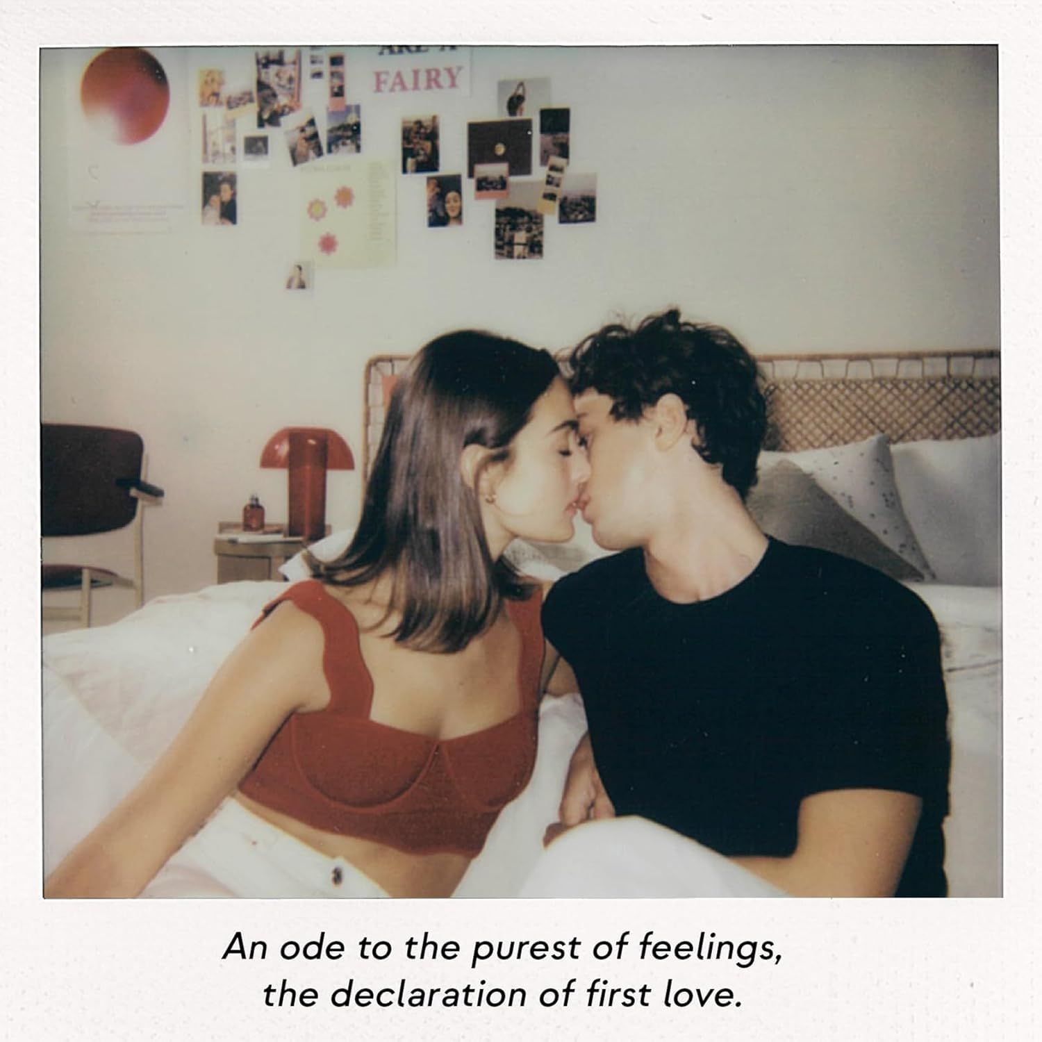 Paar küsst sich. Polaroid-Stil. Text: An ode to the purest of feelings, the declaration of first love.