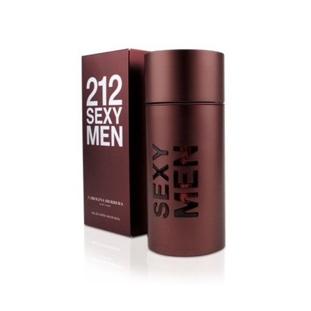 Flacone e scatola marroni. Sulla scatola: 212 SEXY MEN. Sul flacone: SEXY MEN. CAROLINA HERRERA. Eau de toilette. Flacone cilindrico marrone.