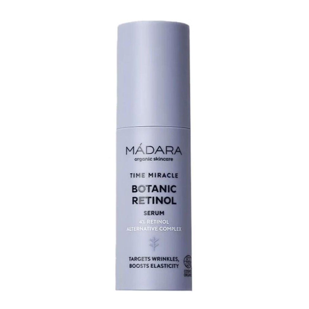 Madara Time Miracle Botanic Retinol Serum. Flasche mit Produktinformationen und Logo.