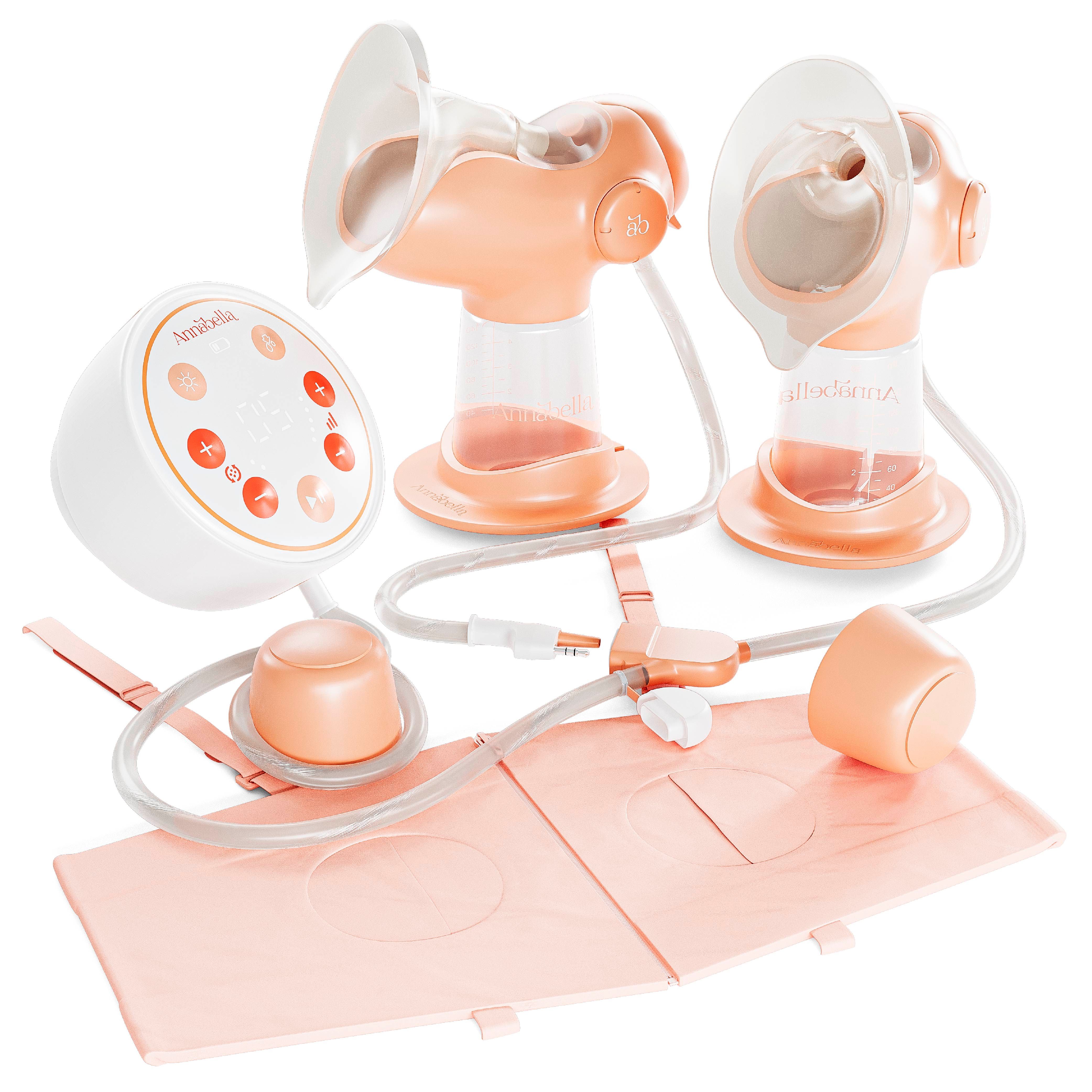 Elektrische Doppel-Milchpumpe mit zwei Brusthauben, Motor, Flaschen und Zubehör. Farbe: Weiß und Pfirsich.