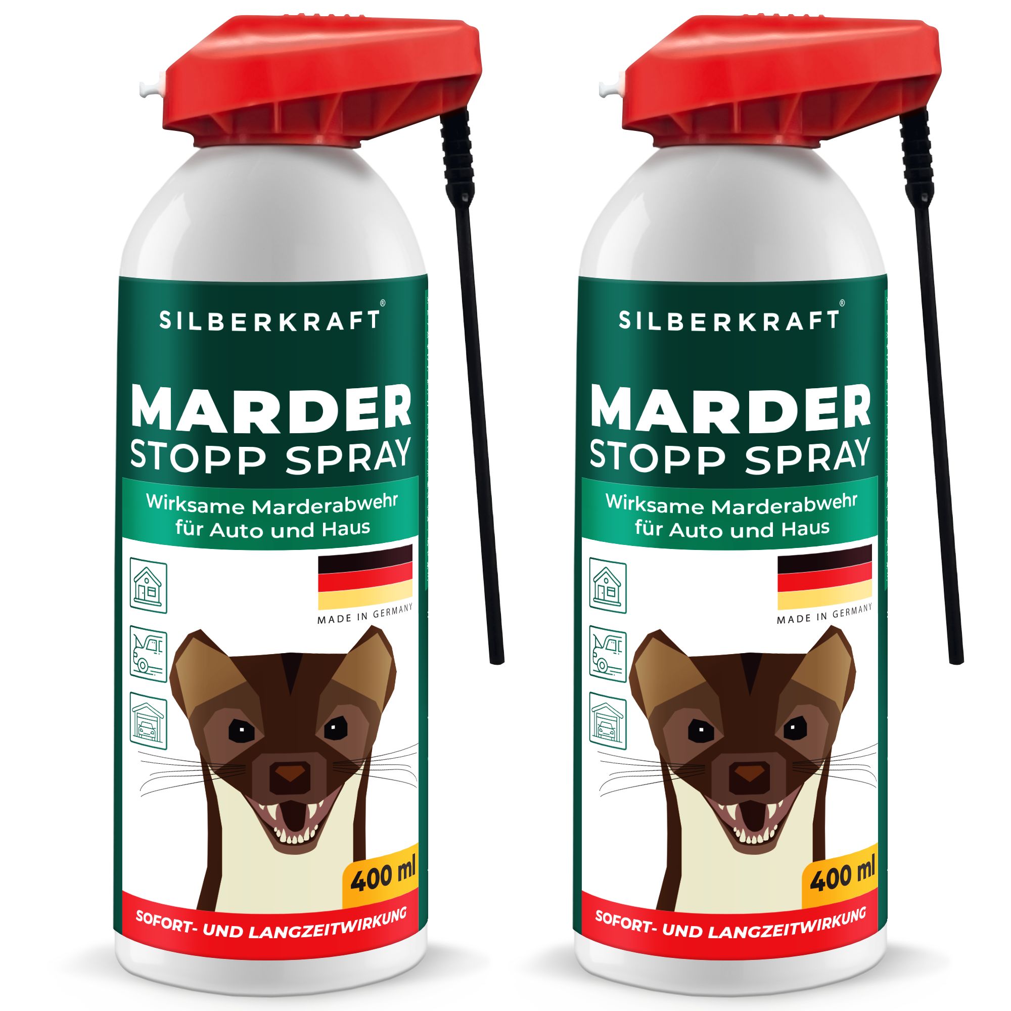 Zwei Spraydosen SILBERKRAFT Marder-Stopp Spray. Weiße Flaschen mit rotem Sprühkopf und schwarzem Sprührohr. Etikett mit Marder-Illustration.