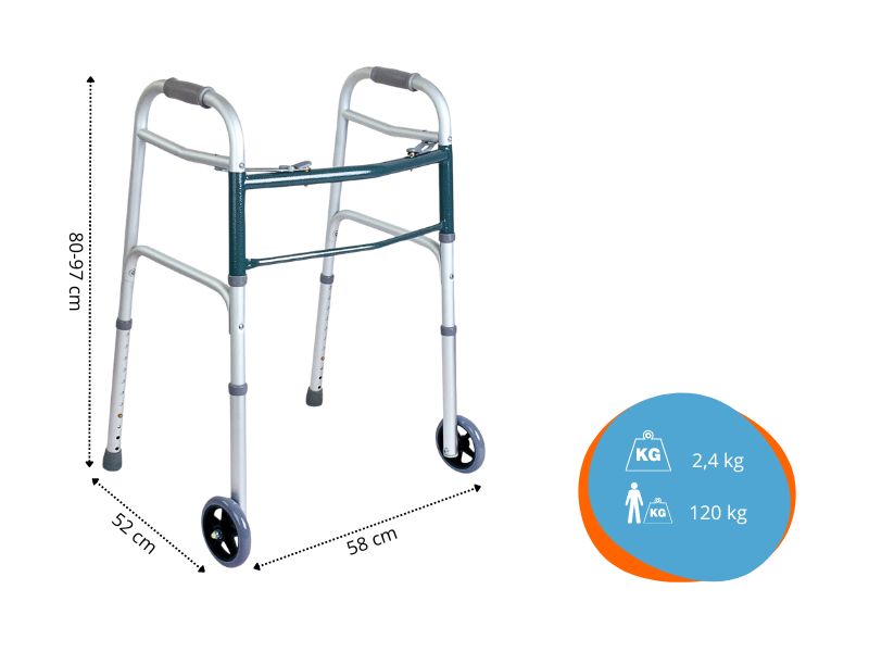 Rollator met wielen en doppen. Afmetingen: 52x58x80-97 cm. Gewicht: 2,4 kg. Max. belasting: 120 kg. Zilverkleurig aluminium.