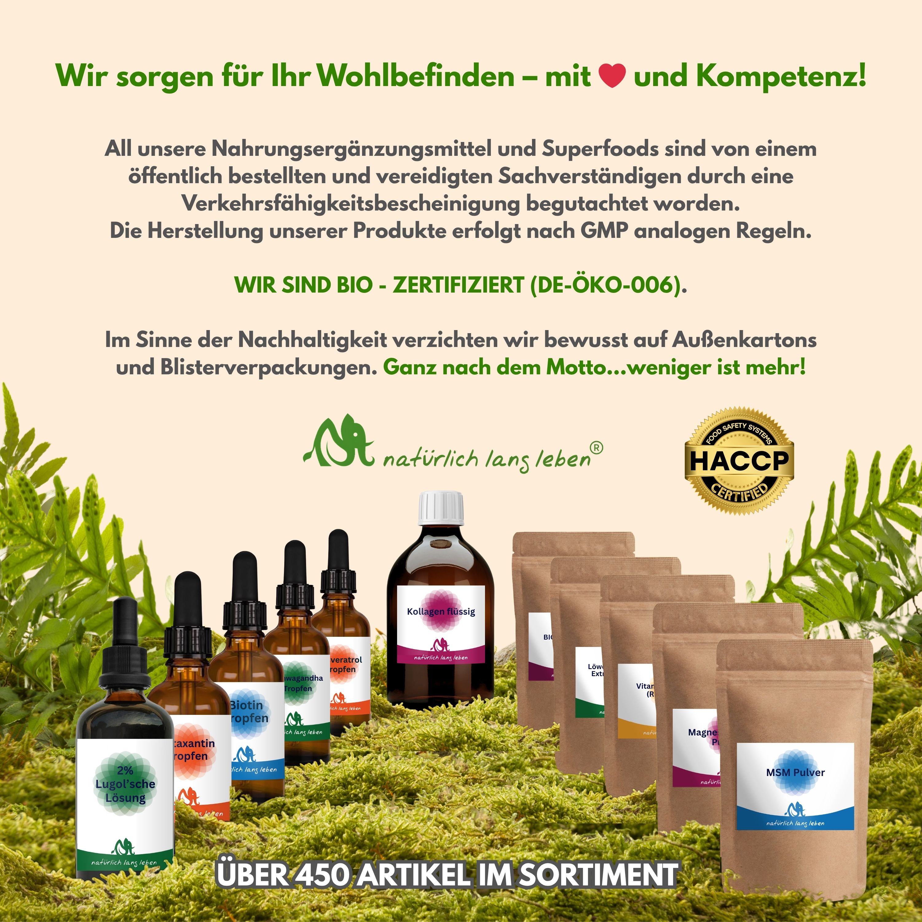 Verschiedene Produkte, darunter Flaschen und Beutel. Logo: natürlich lang leben. Text: Über 450 Artikel im Sortiment. Bio-Zertifizierung.