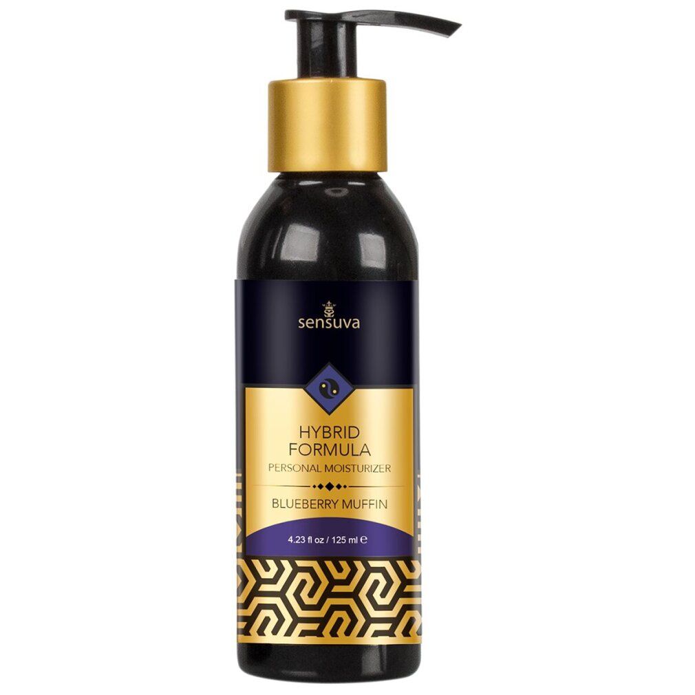 Schwarze Flasche mit goldener Kappe und Pumpe. Aufschrift: Sensuva, Hybrid Formula, Blueberry Muffin. 125 ml.