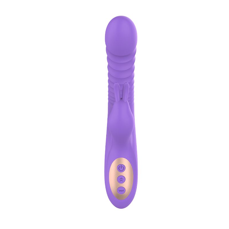 Lila Vibrator mit geriffelter Oberfläche und Hasenohren. Drei goldfarbene Knöpfe.