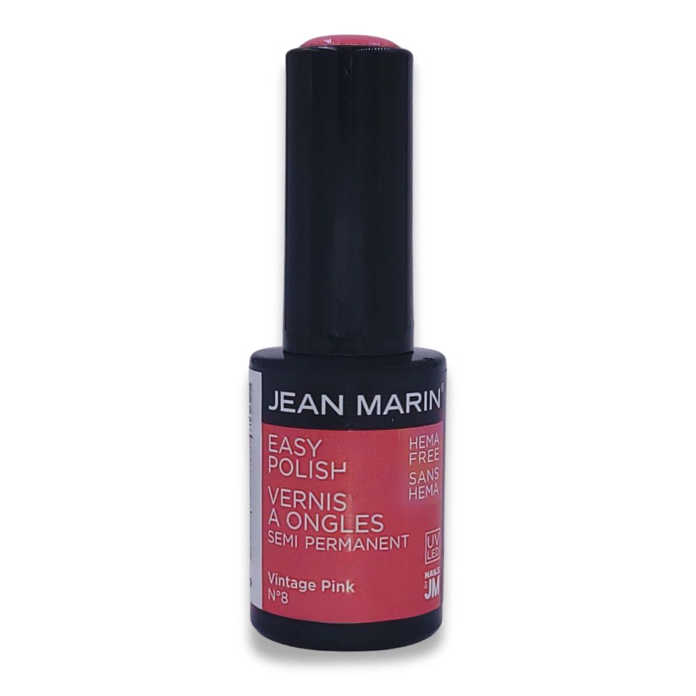 Nagellackflasche mit schwarzem Deckel. Aufschrift: JEAN MARIN, EASY POLISH, VERNIS A ONGLES SEMI PERMANENT. Farbe: Vintage Pink, Nr. 8. HEMA-frei.