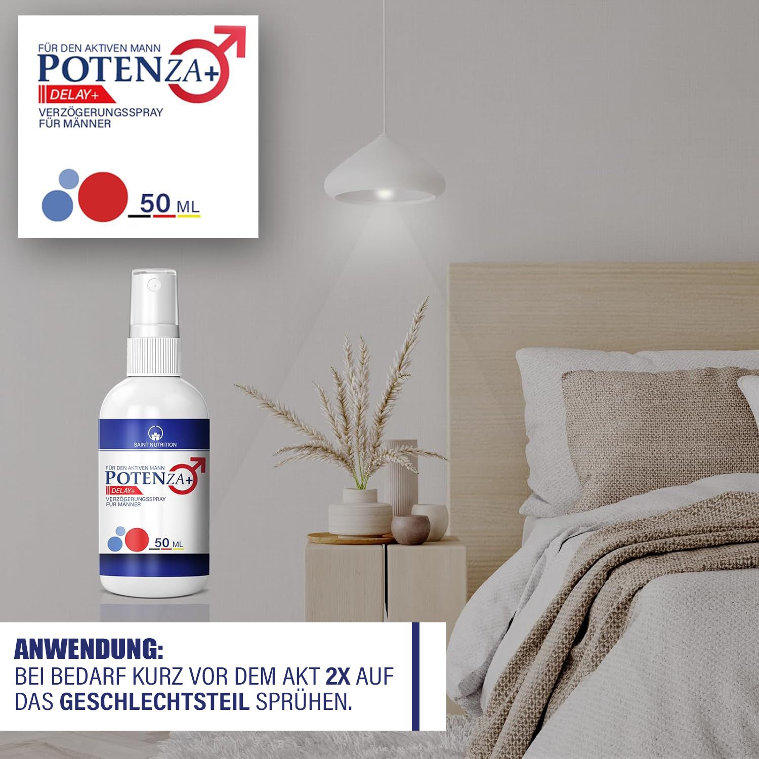Produktflasche neben einem Blatt mit Produktinformationen. Anwendung: Bei Bedarf 2x auf den Geschlechtsteil sprühen.