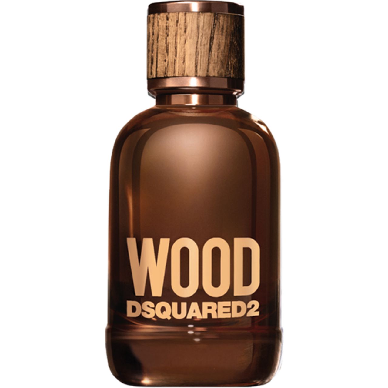 Braune Flasche mit Holzverschluss. Aufschrift "WOOD DSQUARED2".