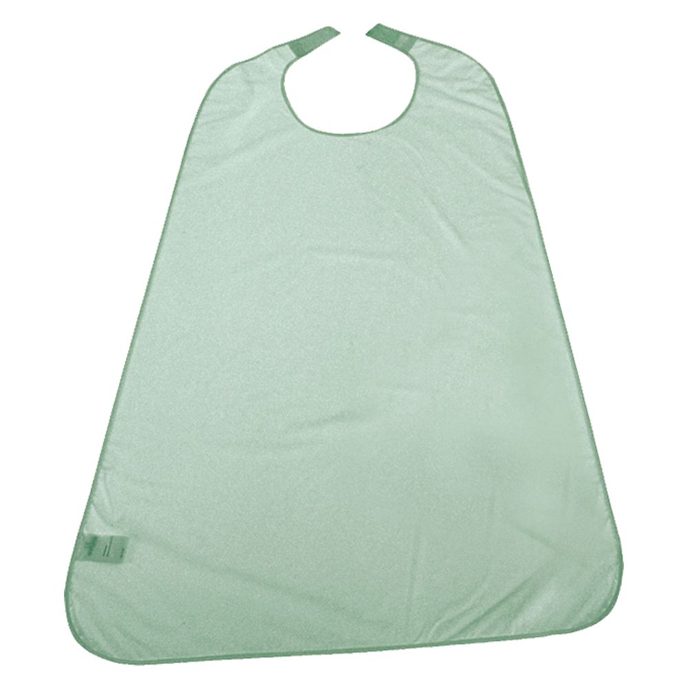 Grünes PVC Ess-Schürze/Lätzchen mit Halsöffnung und rechteckiger Form.