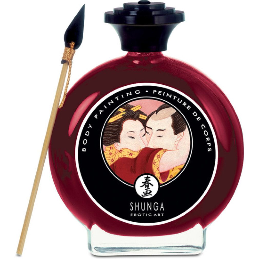 Runde Flasche mit roter Flüssigkeit, schwarzem Deckel und Etikett mit Paar-Illustration. Beiliegend ein Pinsel.