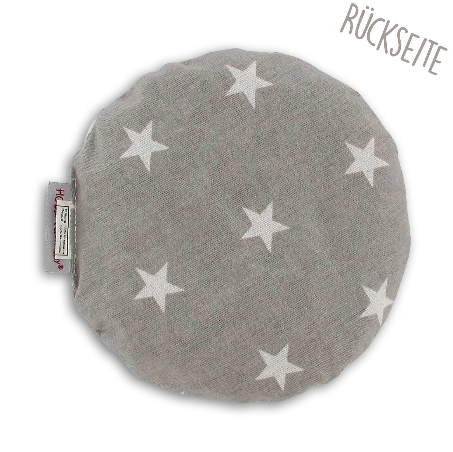 Rundes Kirschkernkissen, grau mit weißen Sternen. HOBEA-Germany Label. Rückseite.