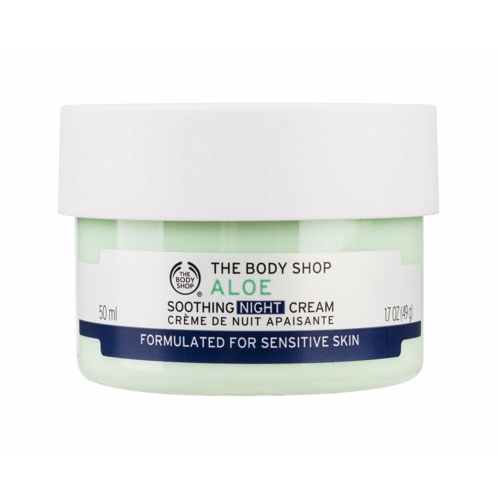Creme-Tiegel von The Body Shop. Bezeichnung: Aloe Soothing Night Cream. Grün-weiße Verpackung mit Produktinformationen. Für empfindliche Haut.