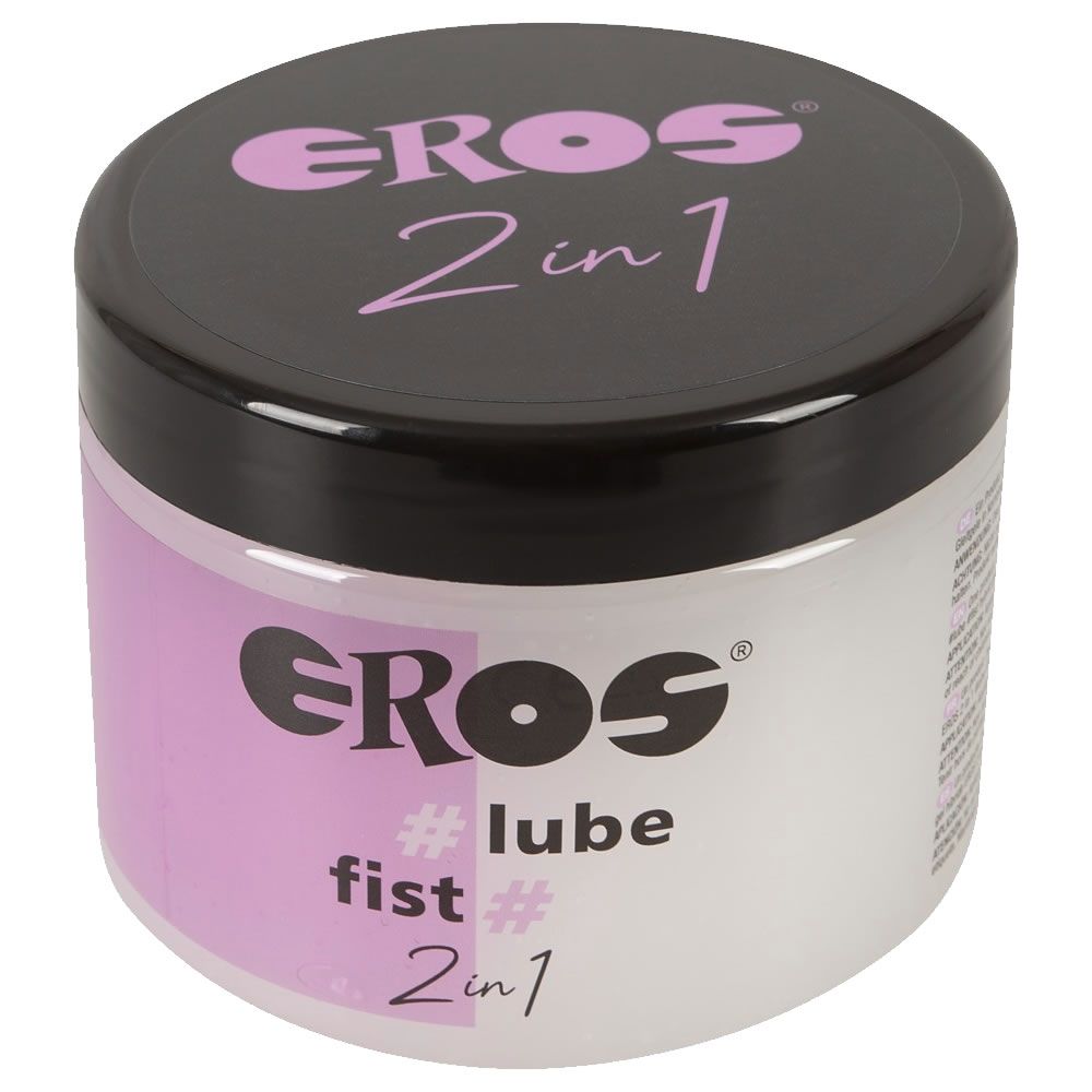 Runder Behälter mit schwarzem Deckel. Aufschrift: EROS, 2in1, #lube, #fist. Rosa und weiße Farbgebung.