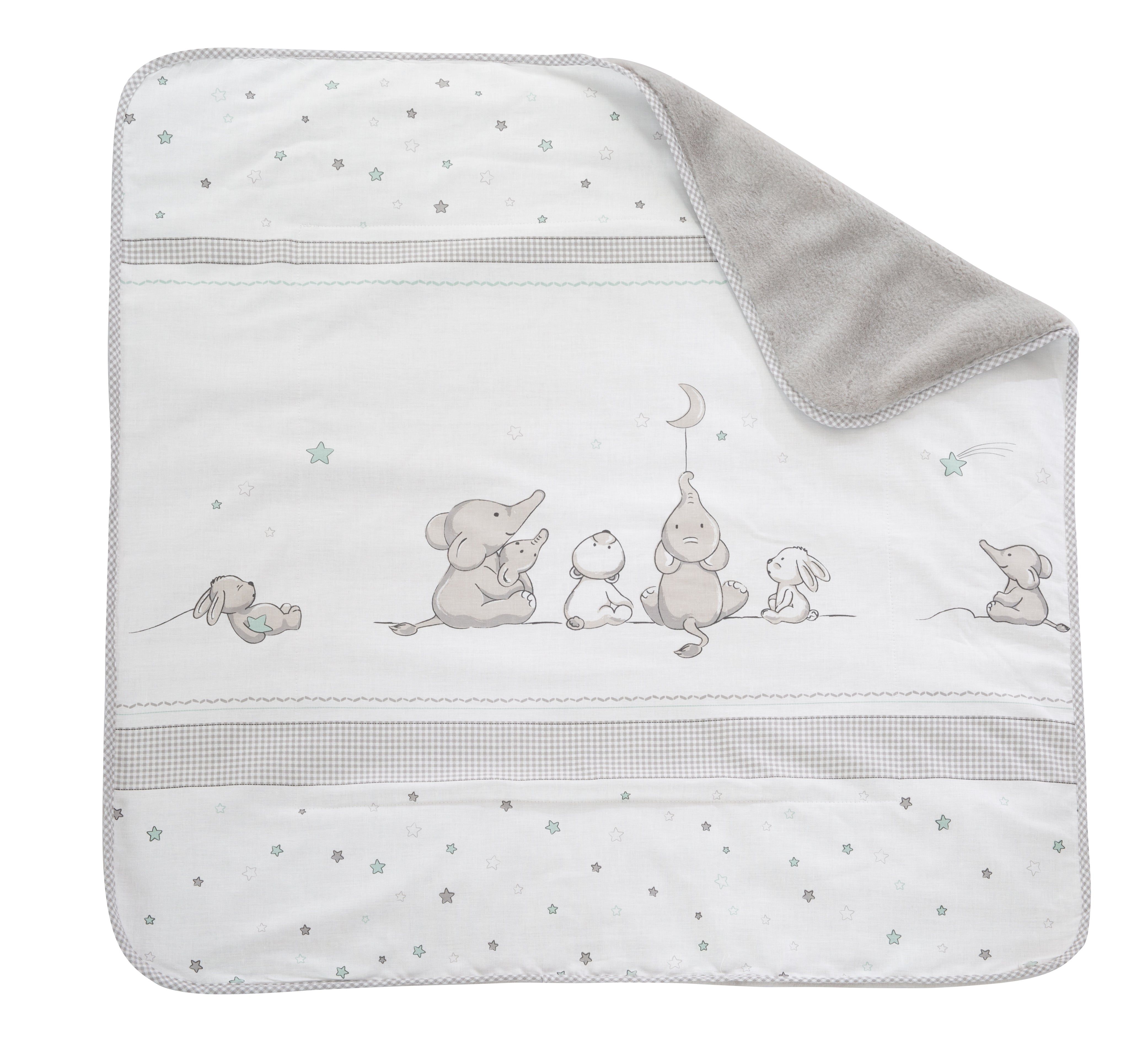 Kuscheldecke mit Sternenmuster und Tiermotiven. Grauer Plüsch auf der Rückseite. Gekaroßter Rand.