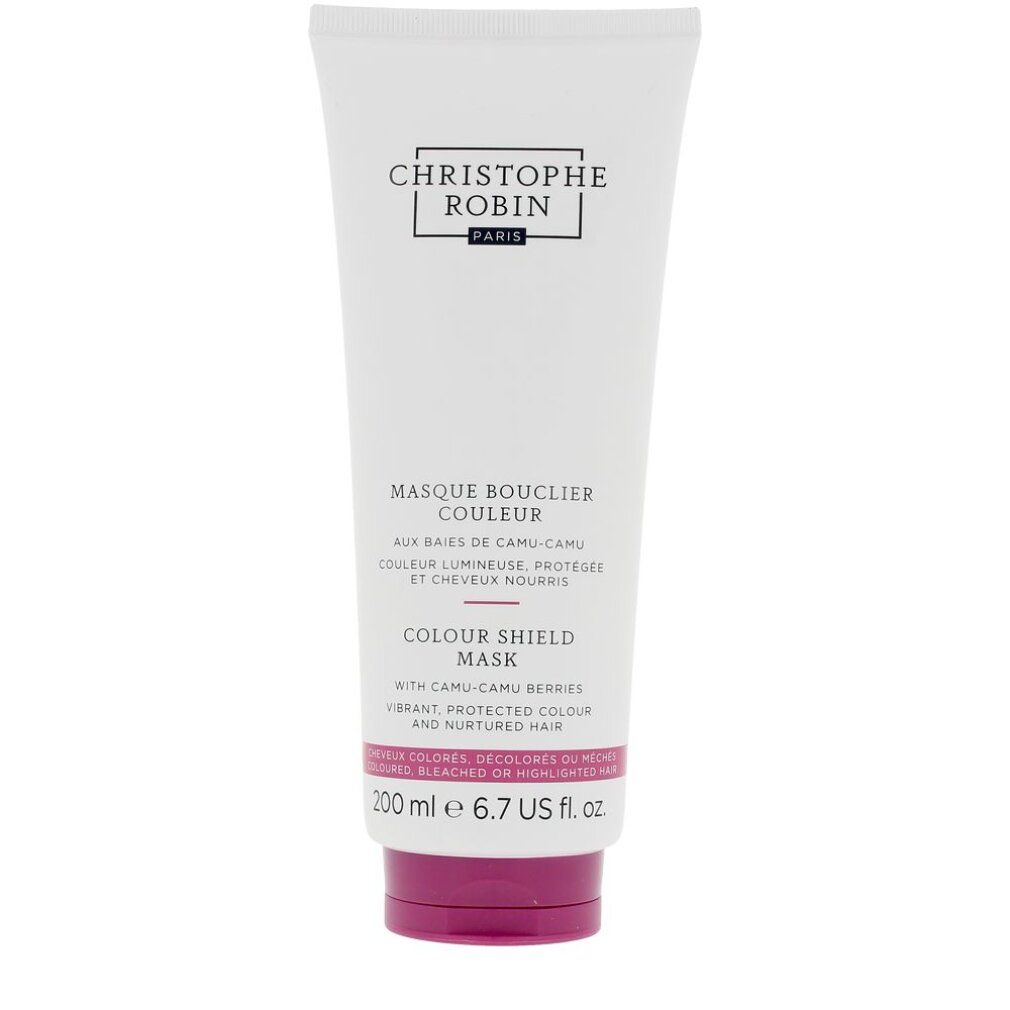 Weiße Tube mit lila Verschluss. Text: Christophe Robin, Masque Bouclier Couleur, Colour Shield Mask. 200 ml.