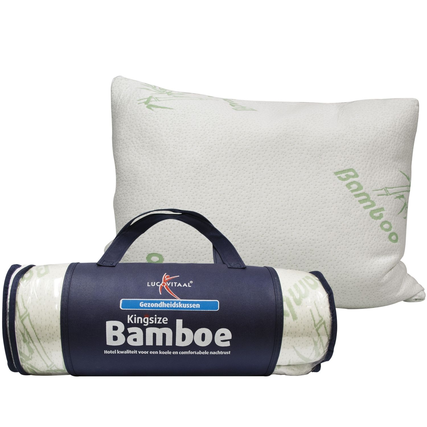 Oreiller king-size en bambou blanc et sac de transport roulé. Le sac porte l'inscription "Bamboe" et "Kingsize".