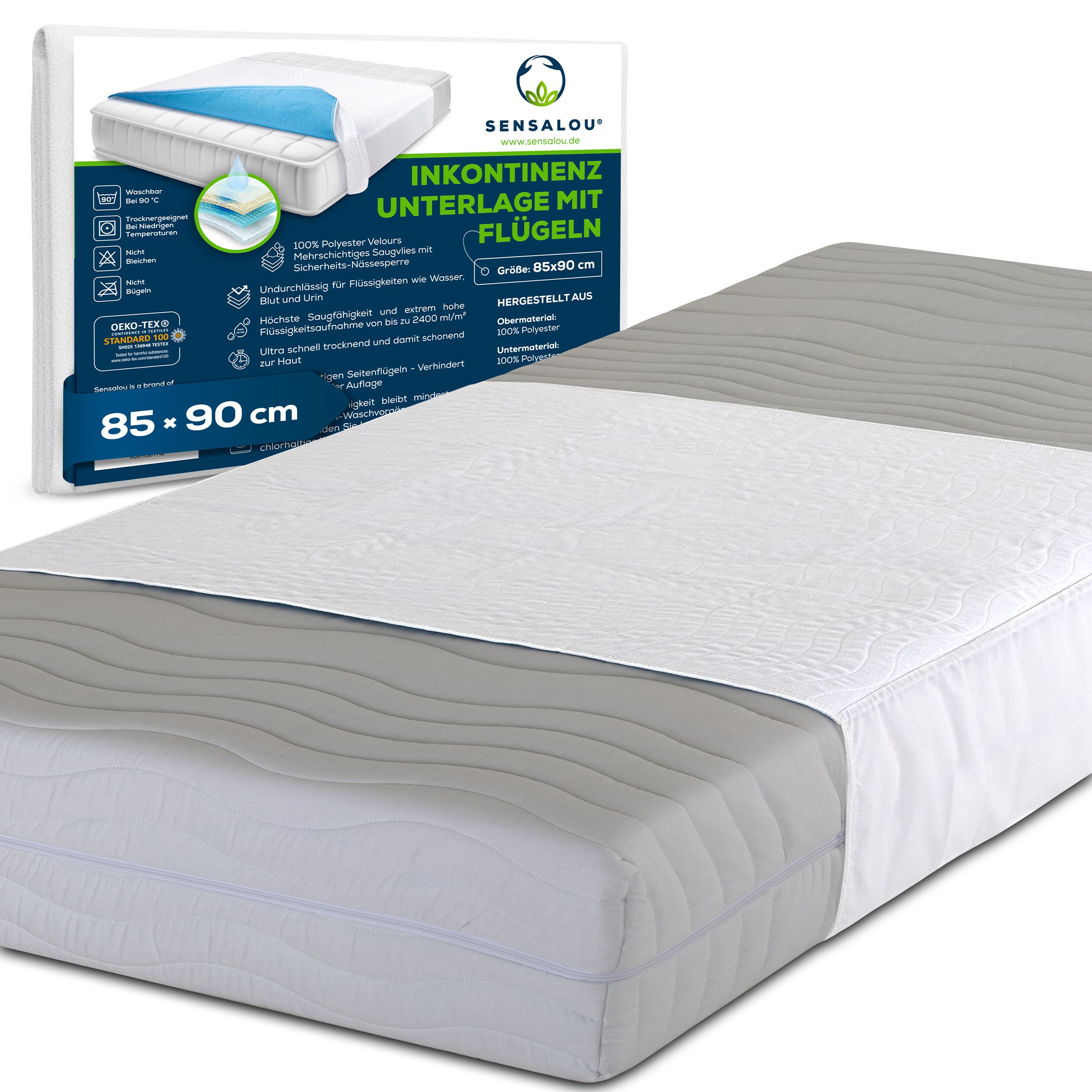 Produktverpackung. Inkontinenzunterlage mit Flügeln, 85x90cm. Text: Sensalou. OEKO-TEX.