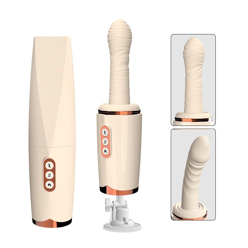 Beige Vibrator mit Bedienfeld und Sockel. Gezeigt in verschiedenen Ansichten.