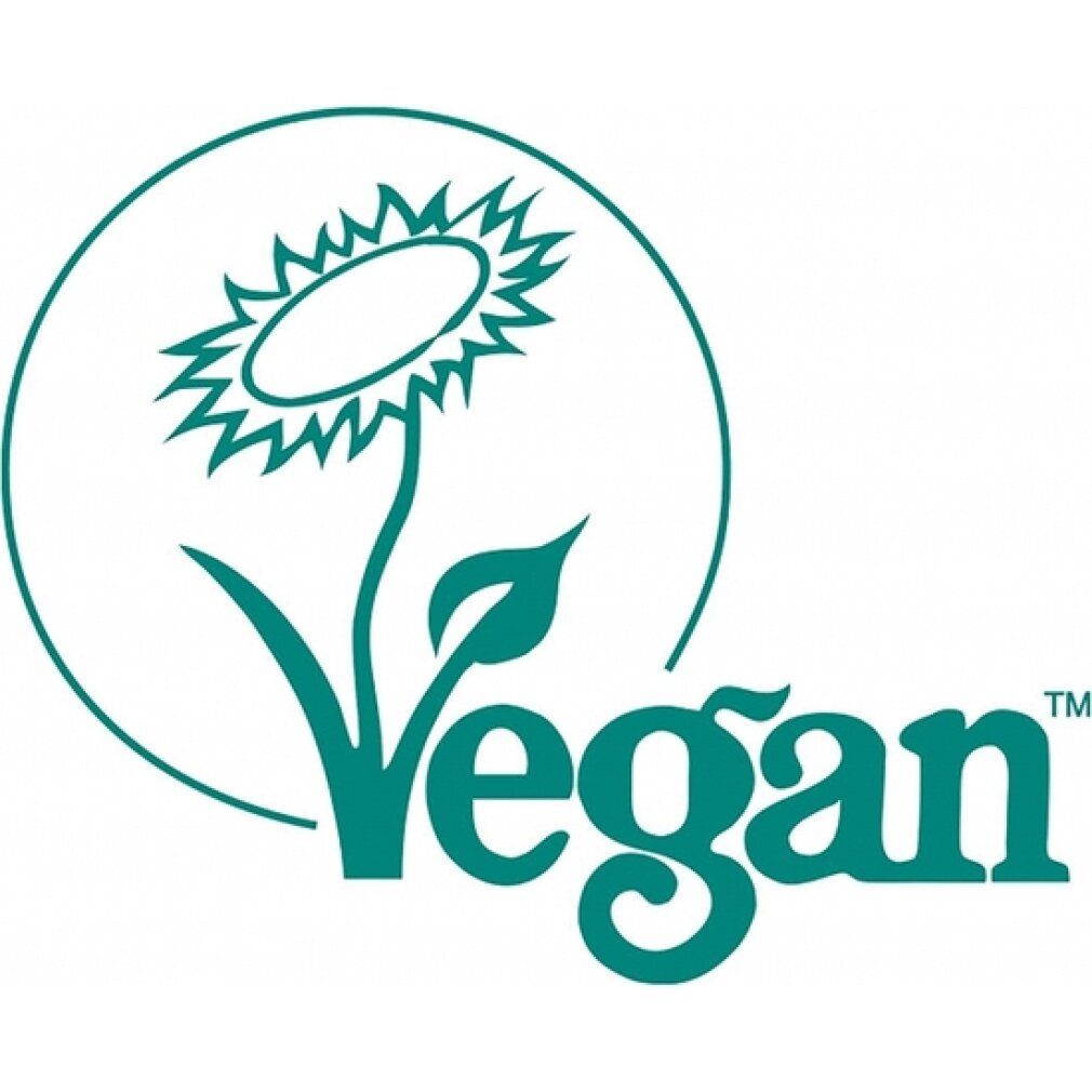 Vegan-Logo. Grüner Kreis mit einer Blume und dem Wort 'Vegan'.