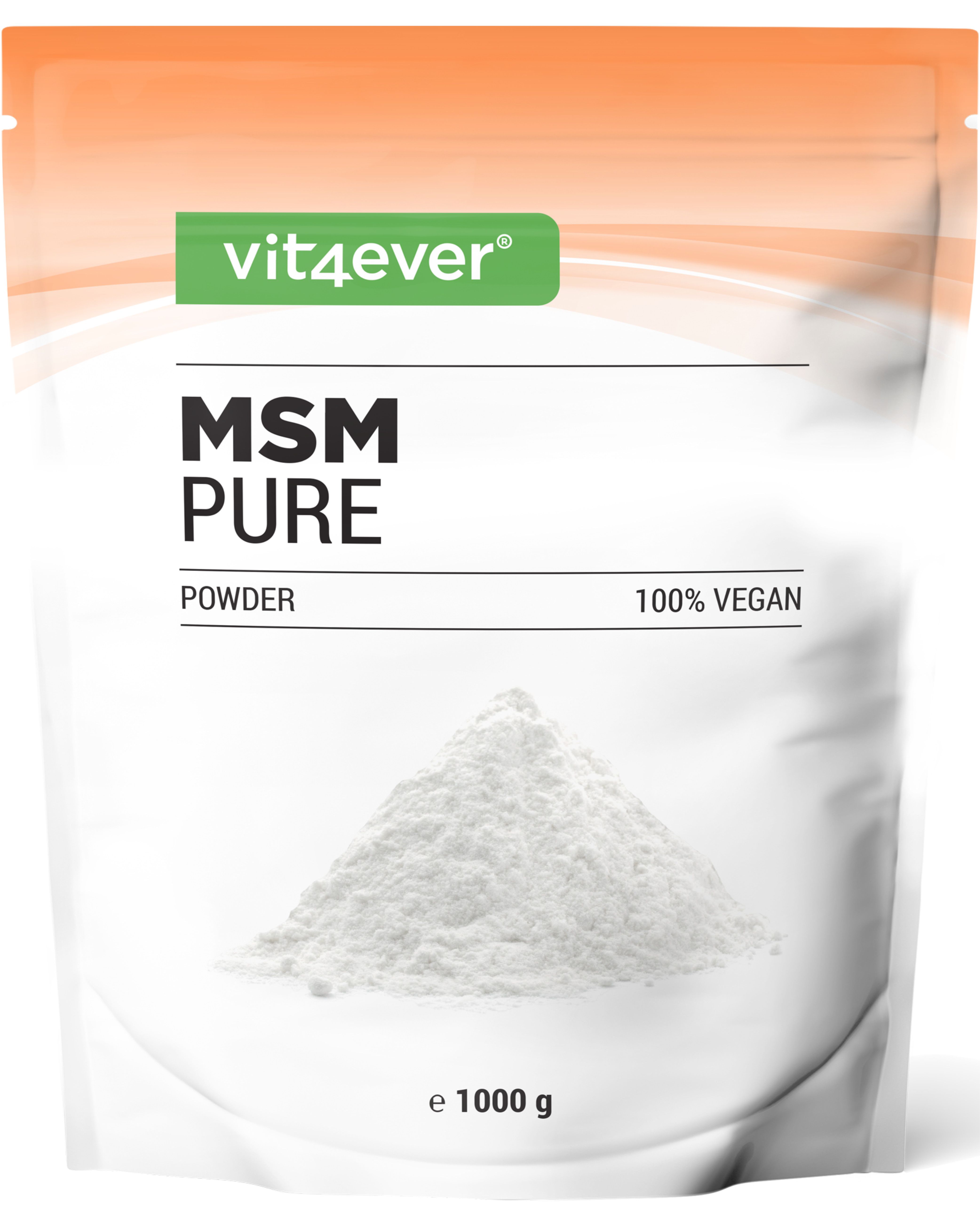 Beutel mit MSM Pure Pulver. Text: 100% Vegan. 1000 g.