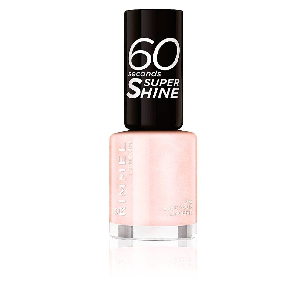 Nagellackflasche mit schwarzem Deckel. Aufschrift: 60 seconds Super Shine. Rosa Lack mit Aufschrift Rimmel London.