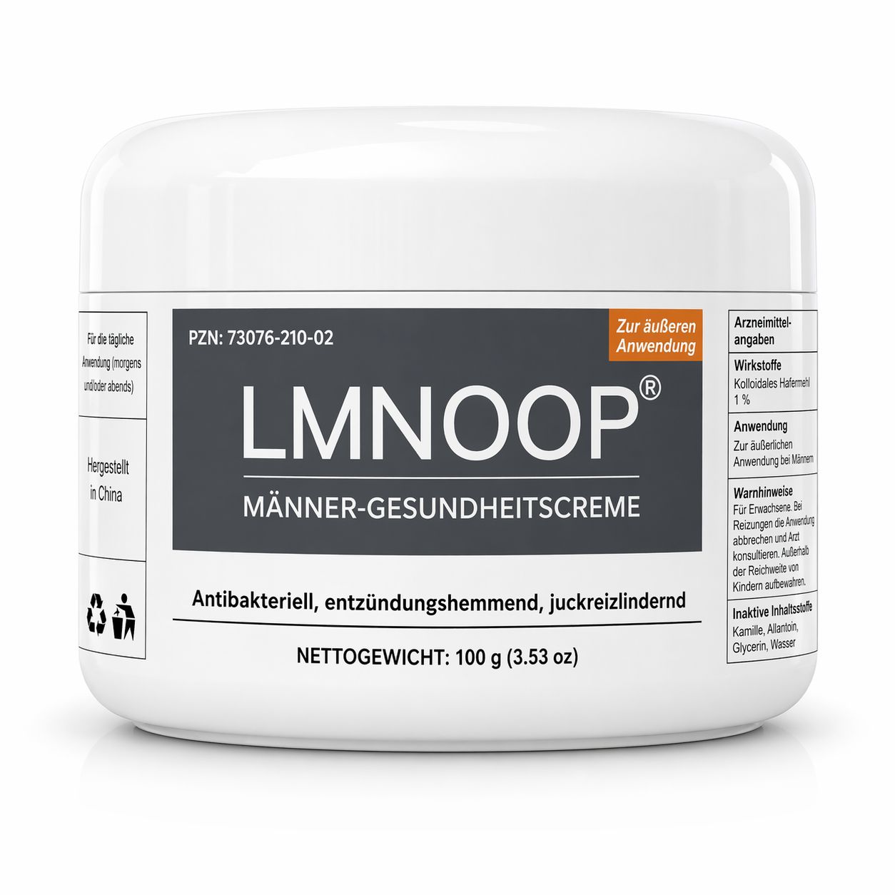 Weiße Creme in einem weißen Tiegel. Auf dem Etikett steht "LMNOOP Männer-Gesundheitscreme".