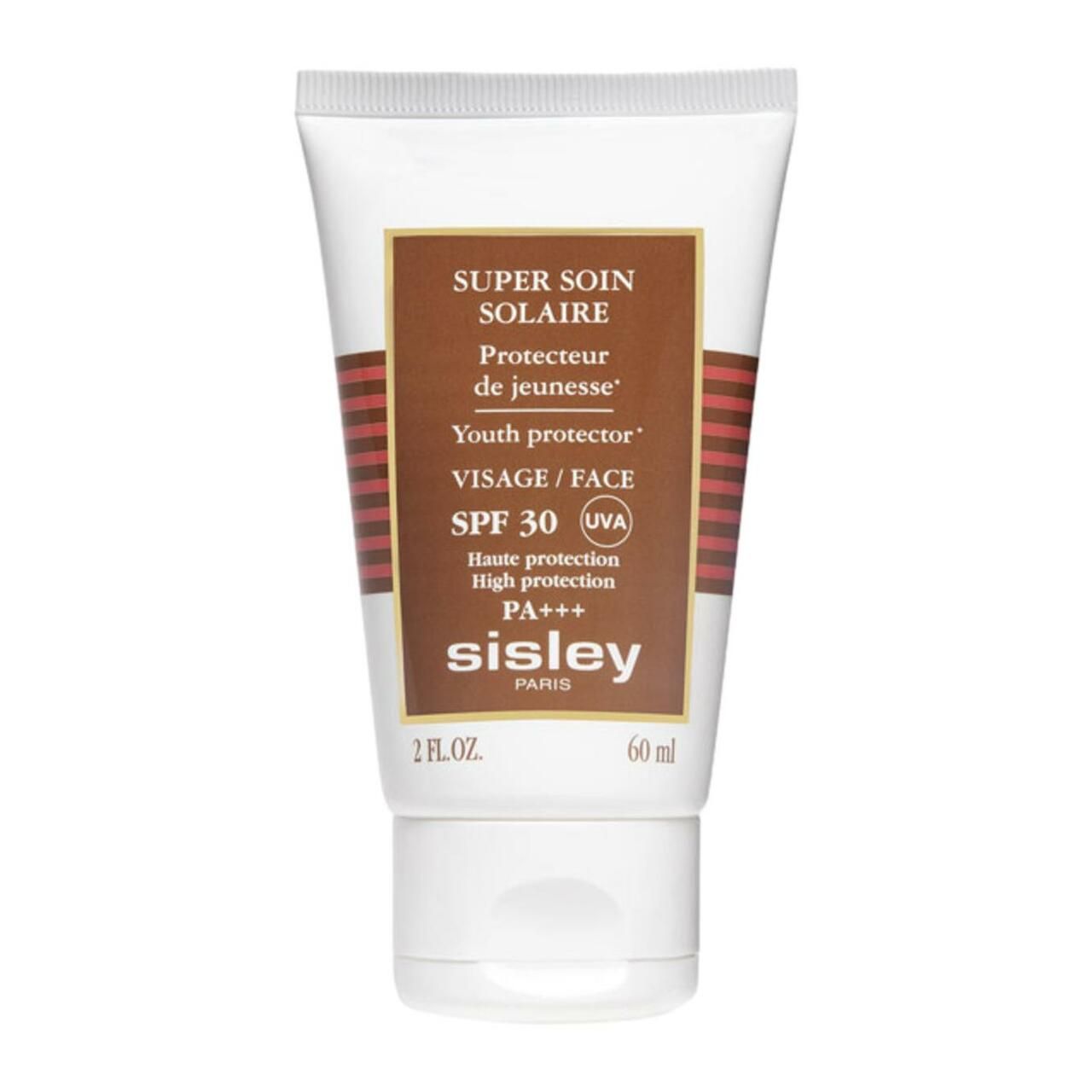 Weiße Tube mit braunem Etikett. Text: Super Soin Solaire, SPF 30, Sisley Paris. 60 ml.