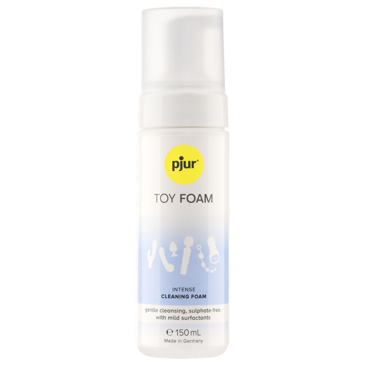 Weiße Flasche mit gelbem Etikett. Aufschrift: pjur, TOY FOAM, INTENSE CLEANING FOAM. Enthält 150 ml. Hergestellt in Deutschland.