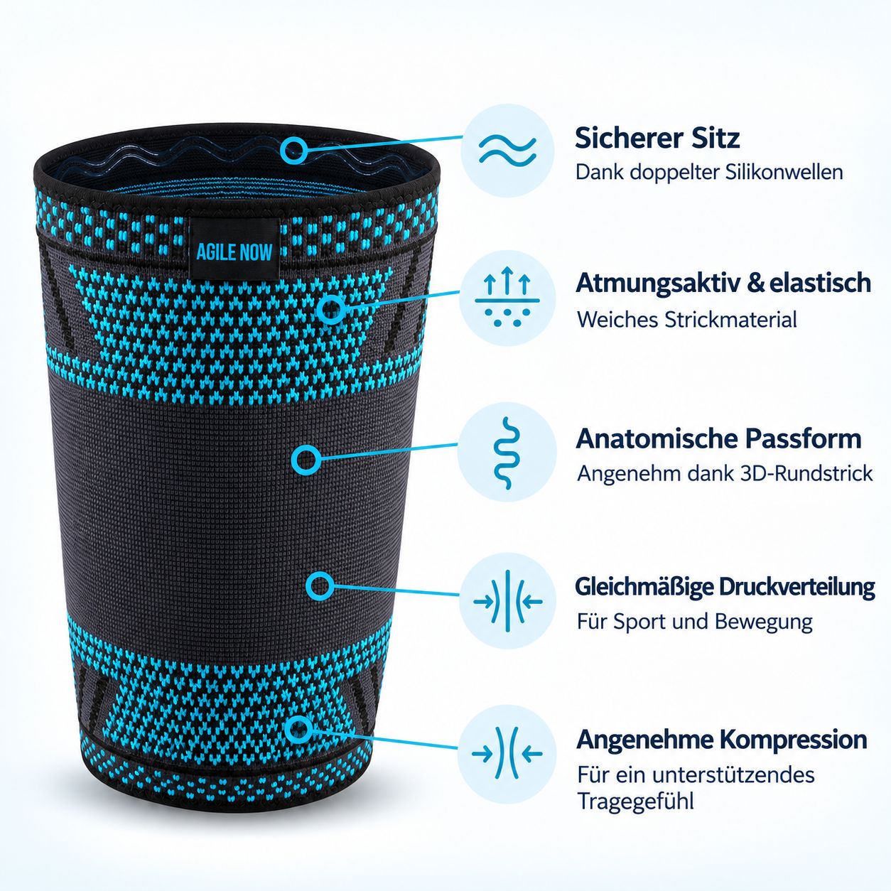 AGILE NOW Oberschenkelbandage mit Silikonstreifen, atmungsaktiv und elastisch.