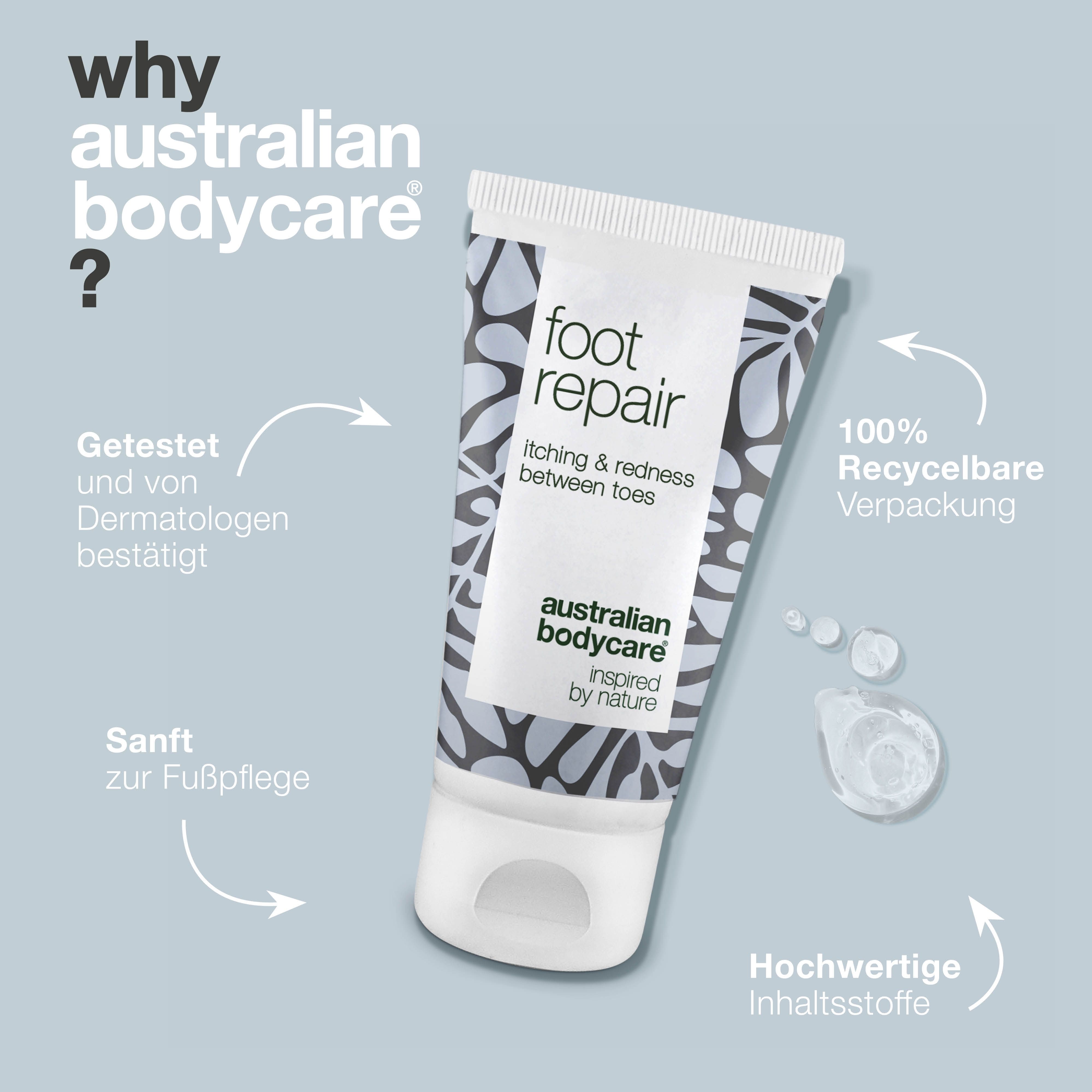 Fußpflege-Tube: foot repair, itching & redness between toes, Australian Bodycare. Text: 100% recycelbare verpakking.