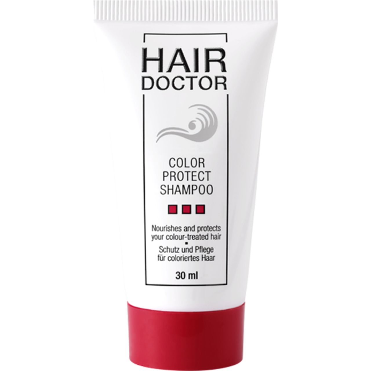 Kleine Tube "Hair Doctor Color Protect Shampoo". Weiß mit rotem Deckel. Text: "Color Protect Shampoo", "30 ml".