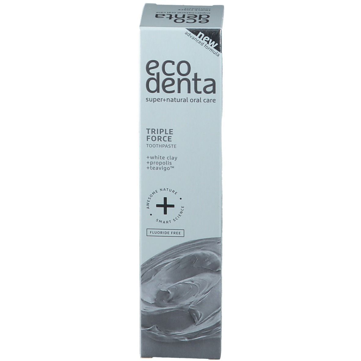 Tandpastadoos. Opschrift: ecodenta, Triple Force, + white clay, propolis, teavigo. Fluoridevrij. Doos: new advanced formula.