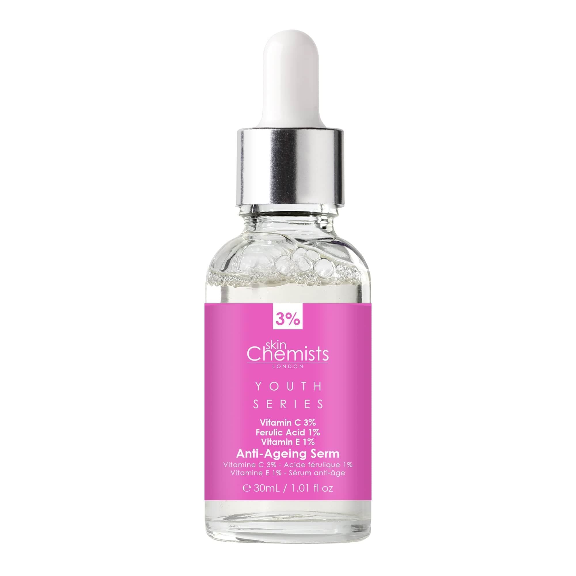Glasflasche mit Pipette. Rosa Etikett mit Produktnamen und Inhaltsstoffen. Klare Flüssigkeit sichtbar.