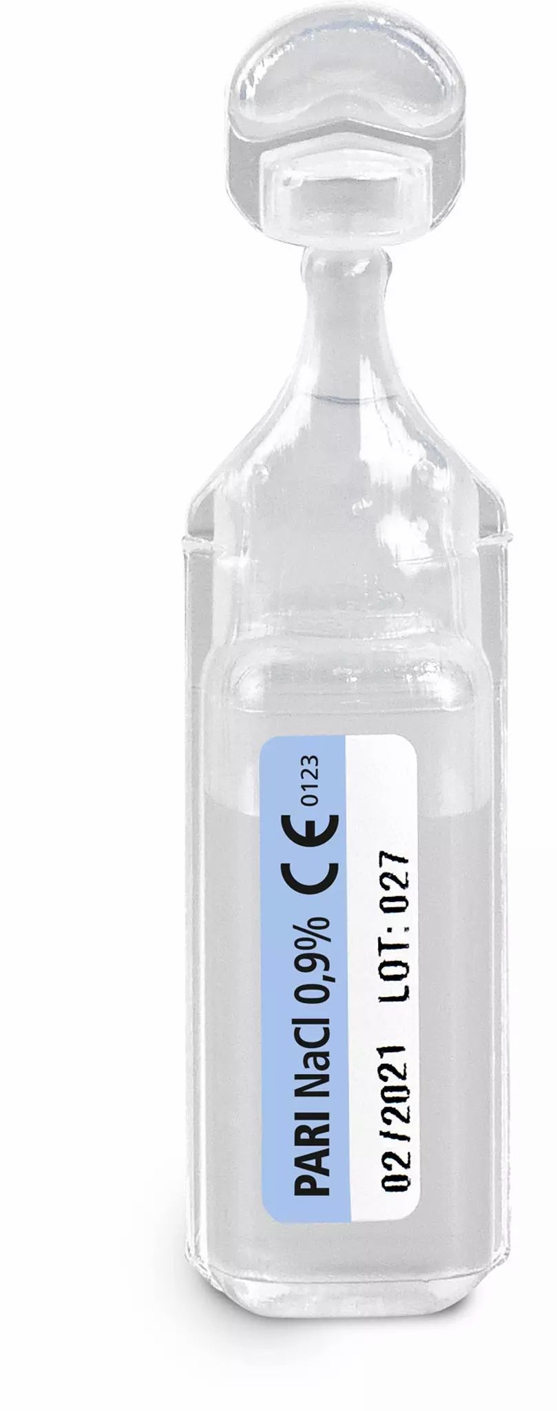 Sterile Kochsalzlösung (0,9% NaCl) in einer durchstechbaren Ampulle mit CE-Kennzeichnung und Chargennummer.