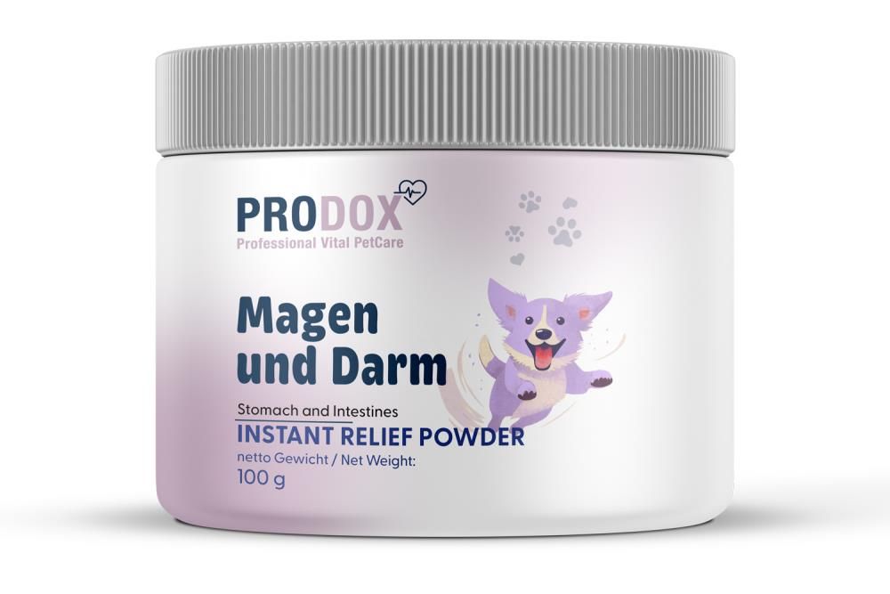 Weißes Produktglas mit Deckel. Aufschrift: PRODOX, Magen und Darm, INSTANT RELIEF POWDER. Abbildung eines lila Hundes.