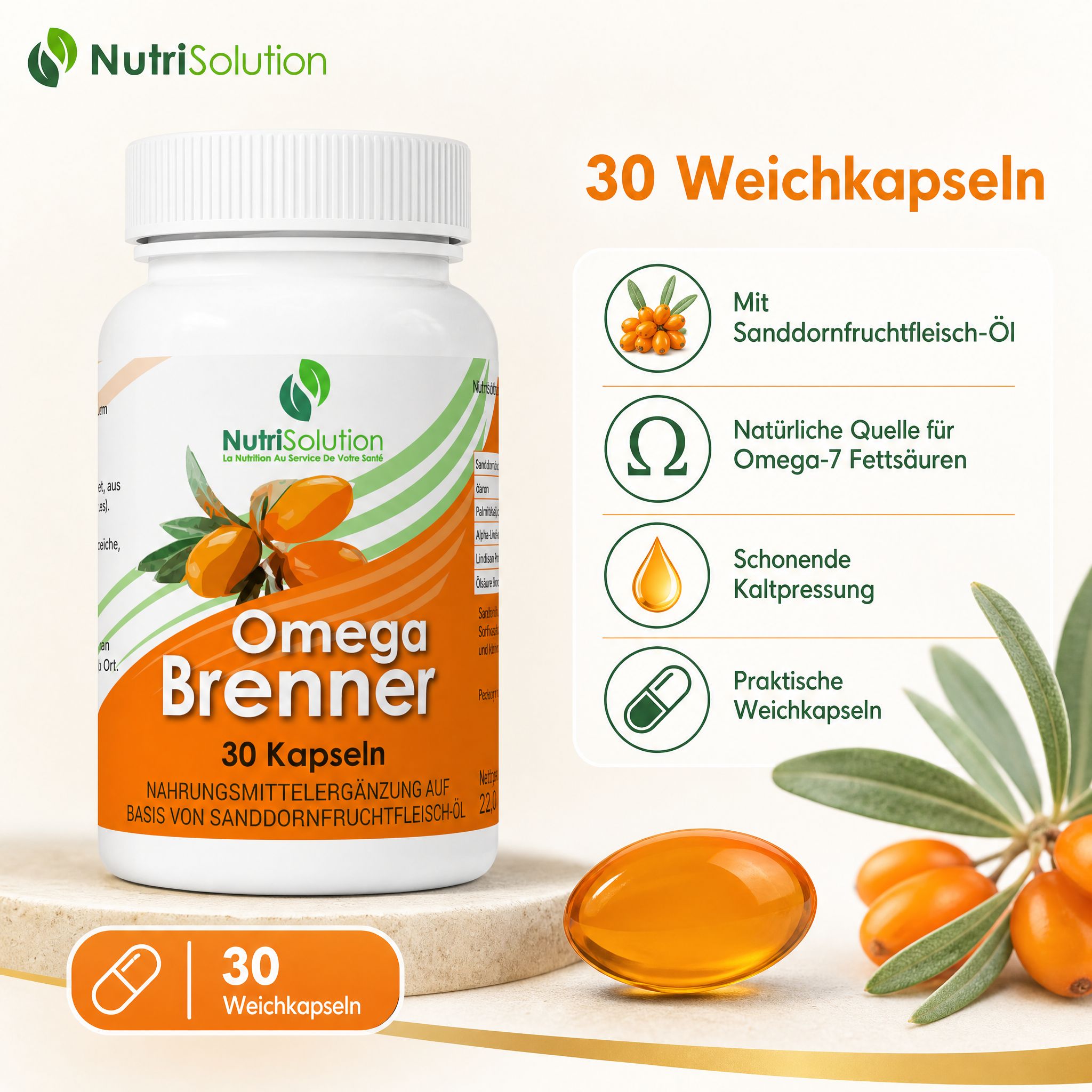 NutriSolution Omega Brenner: Flasche und Weichkapsel, mit Icons für Sanddornöl und Omega-7-Fettsäuren.