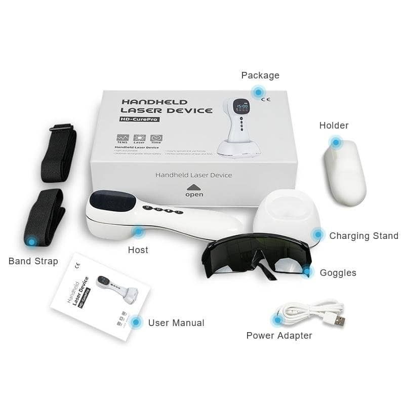 Lasertherapiegerät mit Zubehör: Ladestation, Gurt, Brille, Handbuch.